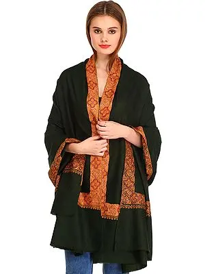 Dark-Green Plain Kashmiri Pure Pashmina Shawl with Needle Hand-Embroidery on Border