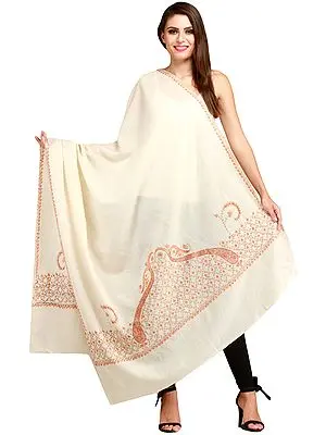 Cream Kashmiri Tusha Shawl with Sozni Hand-Embroidery on Border