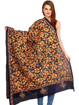 Midnight-Blue Kantha Dupatta from Kolkata with Embroidered Flowers by Hand