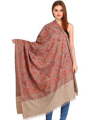 Gray-Morn Kashmiri Pure Pashmina Shawl with Papier Mache Floral Hand-Embroidery All-Over