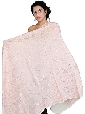 Ivory and Light-Pink Shawl from Amritsar with Aari-Embroidered Paisleys and Crystals