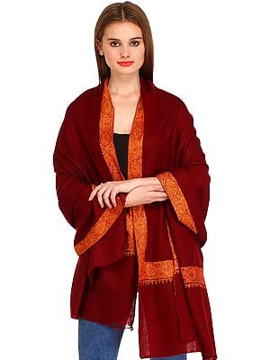 Cordovan-Red Plain Pure Pashmina Shawl from Kashmir with Needle Hand-Embroidery on Border