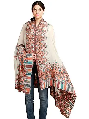 Vaporous-Gray Cashmere Kani Shawl from Amritsar with Floral-Weave on Border