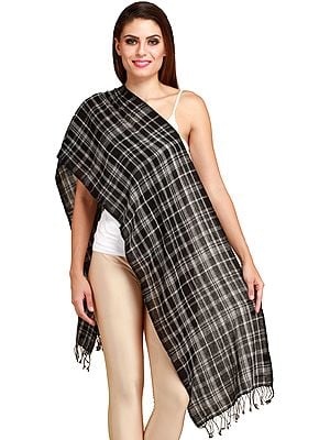 Jet-Black Cashmere Scarf from Nepal with Woven Checks