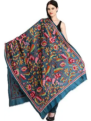 Ink-Blue Dupatta from Kolkata with Kantha Hand-Embroidered Tree