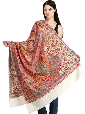 Ivory Kashmiri Pure Pashmina Shawl with Papier Mache Hand-Embroidery in Multi-color Thread