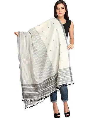 Off-White Shawl from Kutch with Woven Stripes and Bootis
