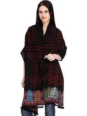 Jet-Black Bandhani Tie-Dye Stole from Kutch with Rabari-Embroidery on Border and Mirrors