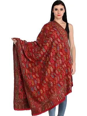Jester-Red Paisley Kani Shawl with Kalamkari Needle Hand-Embroidery