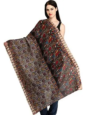 Multicolored Kalamkari Hand-Painted Dupatta from Andhra Pradesh with Floral Motifs and Dancing Ladies