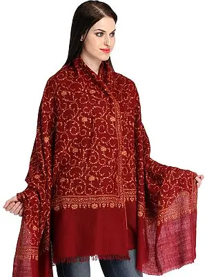 Maroon Kashmiri Pure Pashmina Shawl with All-Over Sozni Hand-Embroidery