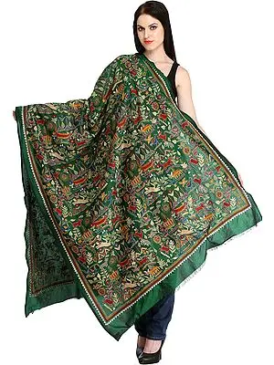 Foliage-Green Kantha Hand-Embroidered Dupatta from Kolkata with Depicting Forest
