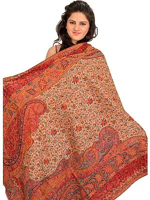 Sandshell and Red Kani Jamawar Shawl from Amritsar with Woven Paisleys
