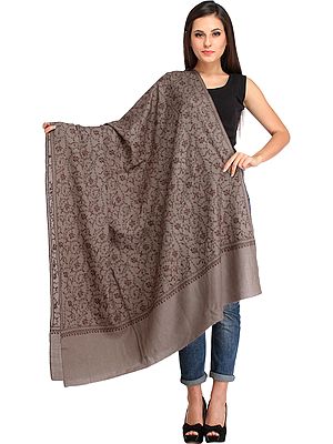 Simply-Taupe Tusha Shawl from Kashmir with Needle Hand-Embroidery