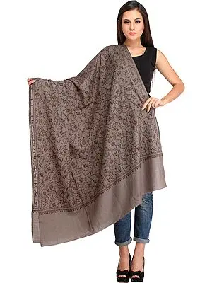 Simply-Taupe Tusha Shawl from Kashmir with Needle Hand-Embroidery