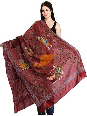 Rosewood Kantha Dupatta from Kolkata with Hand-Embroidered Folk Motifs