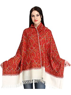 Ivory and Red Kashmiri Stole with Aari Hand-Embroidery All-Over