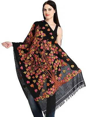 Caviar-Black Stole from Kashmir with Aari Hand-Embroidered Maple Tree