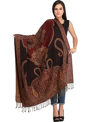 Maroon and Coffee Reversible Jamawar Shawl from Amritsar with Woven Paisleys