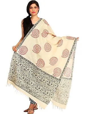 Cream Dupatta from Jharkhand with Printed Warli Chakra of Life