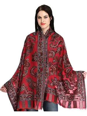 Claret-Red Kani Jamawar Stole with Woven Paisleys