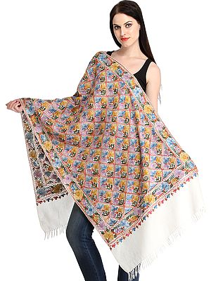 Ivory Stole from Kashmir with Aari-Embroidery in Multi-color
