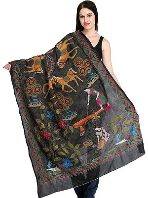 Jet-Black Kantha Hand-Embroidered Dupatta from Kolkata with Depicting Village Scene