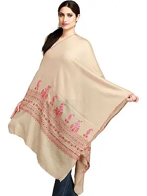 Oyster-Gray Stole from Kashmir with Sozni Hand-Embroidery on Border
