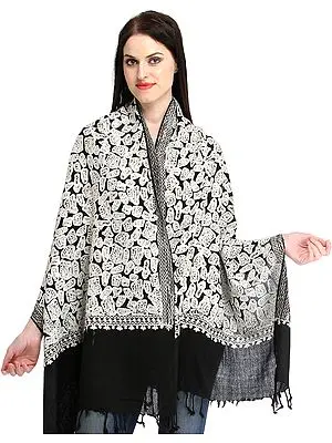 Black and White Aari-Embroidered Stole from Kashmir