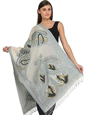 Cloud-Blue and Ivory Jamawar Stole with Woven Paisleys and Embroidered Sequins