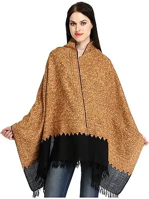 Beige and Black Aari Hand-Embroidered Stole from Kashmir