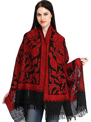Black and Red Stole from Kashmir with Aari Hand-Embroidered Paisleys