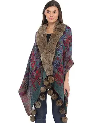 Multicolored Jamawar Wrap with Faux-Fur Collar