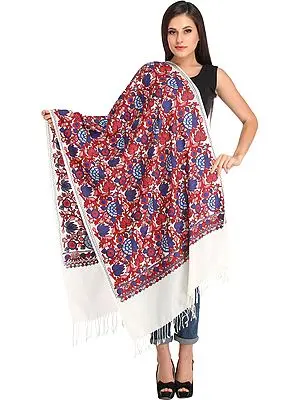 Ivory Stole from Kashmir with Aari-Embroidery in Multicolor Thread