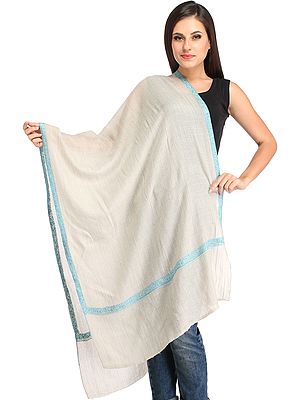 Light-Gray Plain Cashmere Stole from Kashmir with Sozni Hand-Embroidery on Border