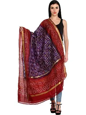 Purple and Maroon Bandhani Tie-Dye Gharchola Dupatta from Gujarat with Zari Weave