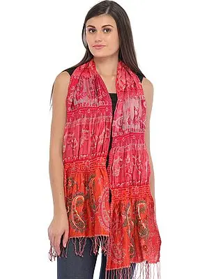 Pink and Orange Jamawar Scarf with Embroidered-Beads and Sequins