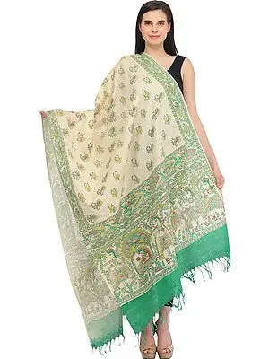 Cream and Green Dupatta from Bengal with Printed Madhubani Marriage Procession