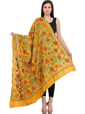 Honey-Gold Kantha Dupatta from Kolkata with Hand-Embroidered Sunflowers
