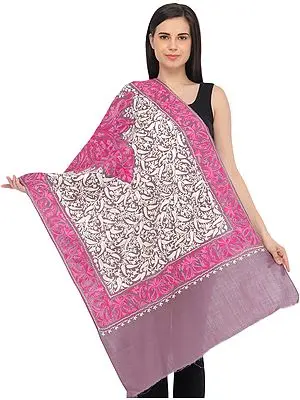 Dusky-Orchid Stole from Kashmir with Aari-Embroidered Paisleys