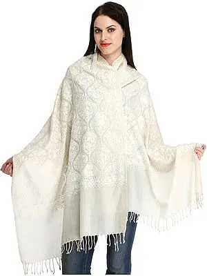 Ivory Stole from Kashmir with Aari-Embroidery in Self