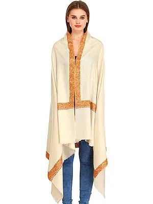 Cream Plain Pure Pashmina Shawl from Kashmir with Needle Hand-Embroidery on Border