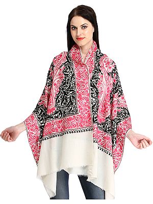 Off-White Stole from Kashmir with Aari-Embroidered Paisleys in Pink and Black Thread