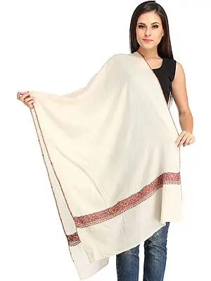 Cream Plain Tusha Stole from Kashmir with Sozni-Hand Embroidery on Border