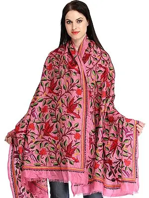 Aurora-Pink Kantha Dupatta from Kolkata with Hand-Embroidered Birds