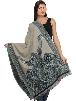 Gray and Blue Jamawar Stole with Embroidered Beads and Sequins