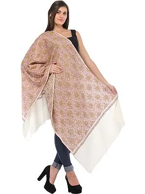 Ivory Kashmiri Tusha Stole with Needle Hand-Embroidery