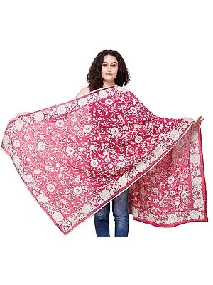 Carmine Heavy Dupatta from Punjab with Phulkari Hand-Embroidery
