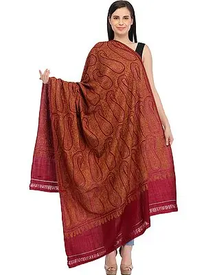 Cordovan-Red Kashmiri Shawl with Sozni Hand-Embroidery and Paisleys