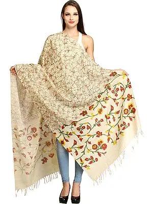 Almond-Oil Dupatta from Jharkhand with Floral Print on Border
